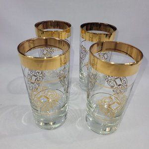 Vintage High Ball Glasses Set 4 Mid-Century Atomic Gold Scroll Glass Barware